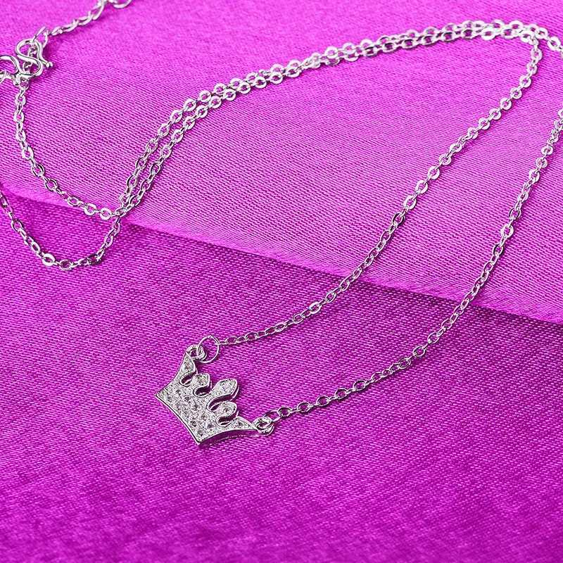 Real 925 Sterling Silver Crystal Crown Charm Pendant Choker Necklace For Girl Women Wedding Statement Female Jewelry GiftXJ250114