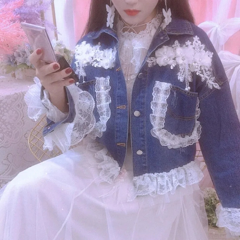 Stereo Flower Beading Diamonds Denim Jacket Y2k High Street Early Autumn Chic Coat Lace Patchwork Single-breasted Sweet Jaquetas 250116
