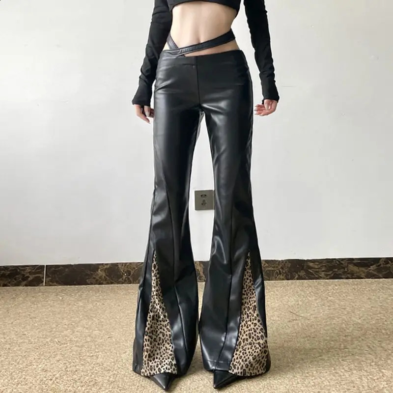 Fashion low waist irregular leopard print patchwork leather pants for womens street personality girl boot pants 250122