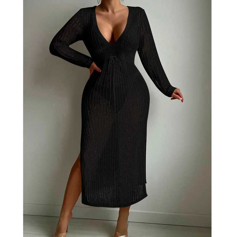 Long Sleeve Deep V Knit Dr Sarong Boho Beach Cover up Summer Crochet Bikini Cover-ups Side Slit Swimwear Women Swimsuit W250120