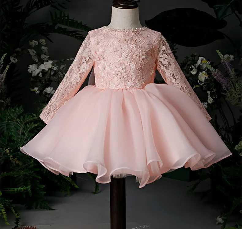 Cute Girl Baby Party Dress 1-Year Baby Girl Birthday Frog Crystal Bead Chiffon Long Sleeve Preschool Girl Christmas Dress X250203