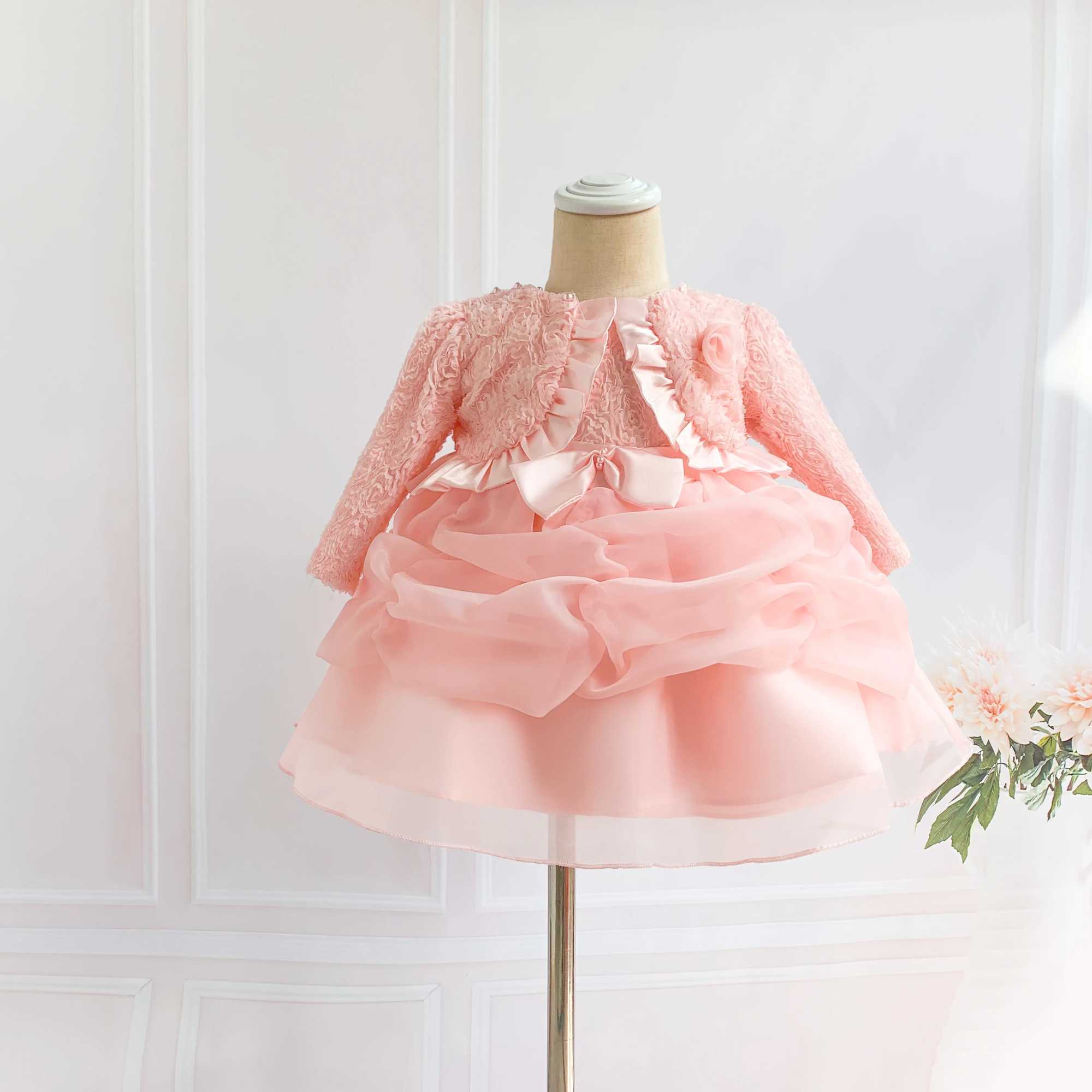 2 pcs set Pink Lace 1 Year Birthday Baby Girl Party Dress Baptism Infant Christening Gown Newborn Toddler Girl Wedding Dresses X250203