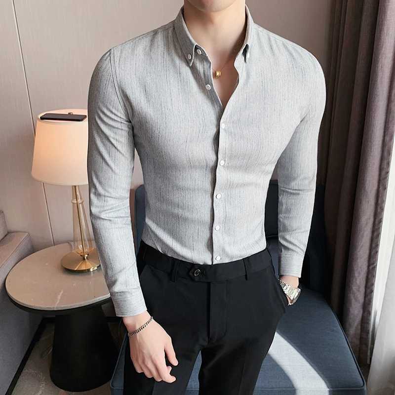 Retro Striped Shirt for Men 2023 Autumn New Slim Fit Business Formal Wear Dress Shirts Streetwear Social Party Clothing 4XL-MXJ250121