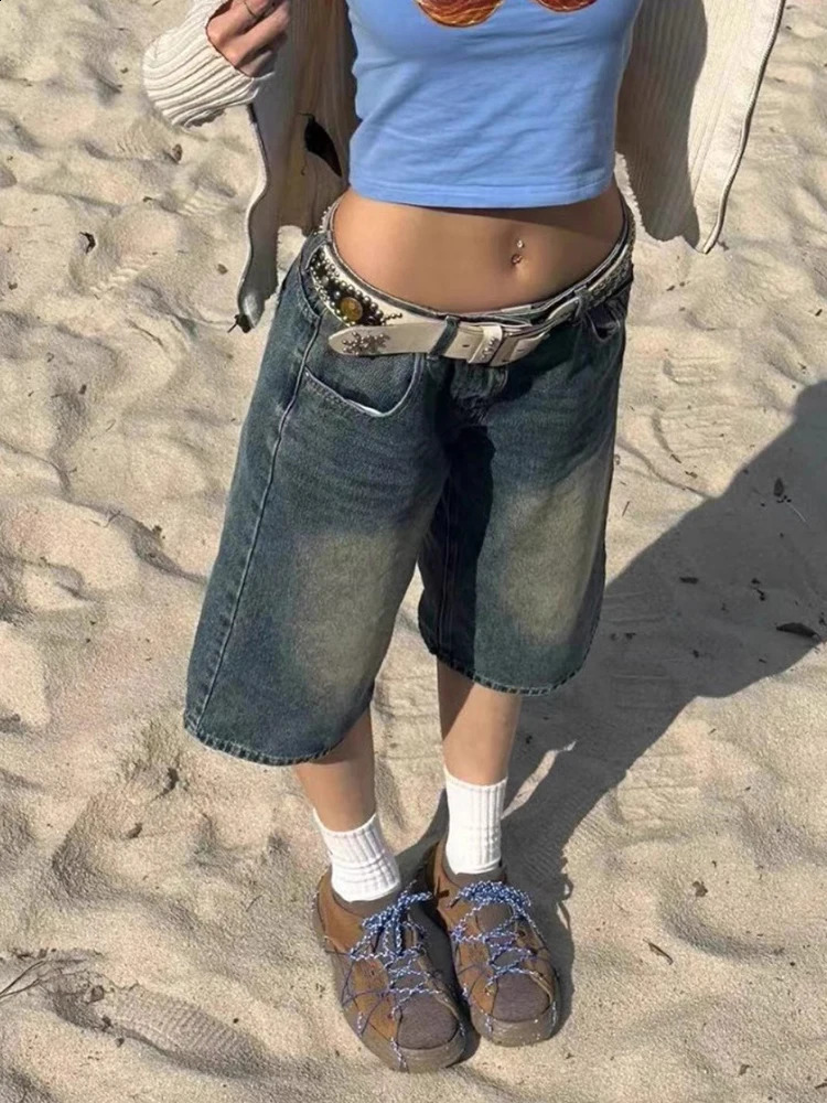 PBAP Retro Do Old Blue Jeans Jort Washed Low Waist Whiskers Loose Straight Knee Long Denim Shorts Casual Summer Clothes 250121