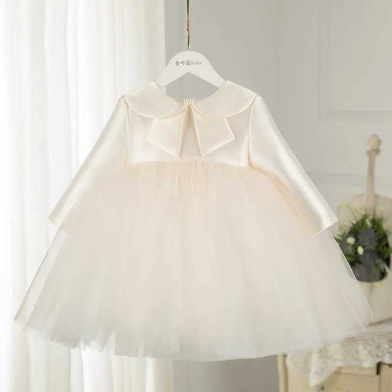 Preschool light champagne chiffon party dress long sleeved baptismal party wedding one-year birthday bow girl princess dress Vestdos X250203