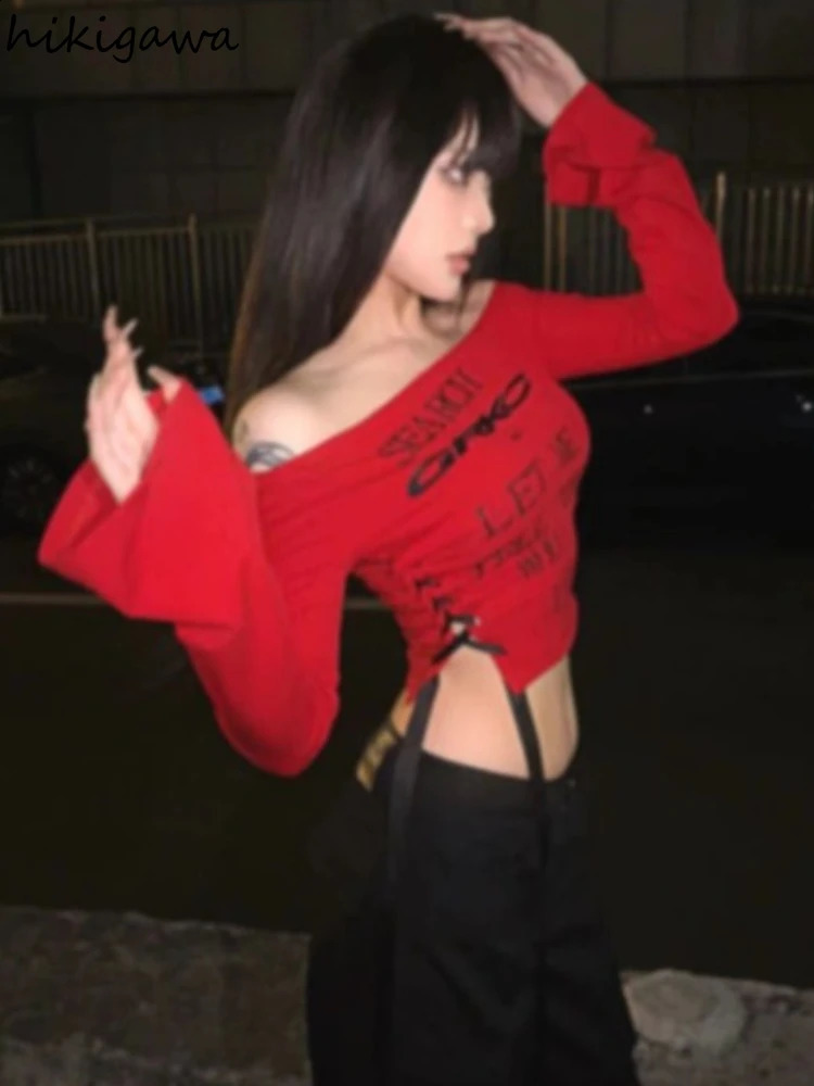 Red Sexy T Shirts Women Clothing Long Sleeve Slash Neck Tees Y2k Tops Letter Crop Tshirt Bandage Tunic T-shirts Ropa Mujer 250122