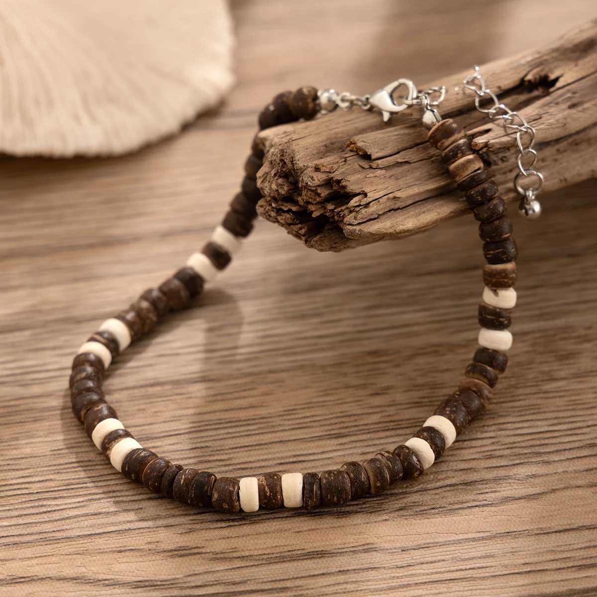 KunJoe Vintage Brown Wood Beads Anklets Chain for Men Ethnic Coconut Husk Foot Chain Summer Ankle Accories Male Trend JewelryXJ250121