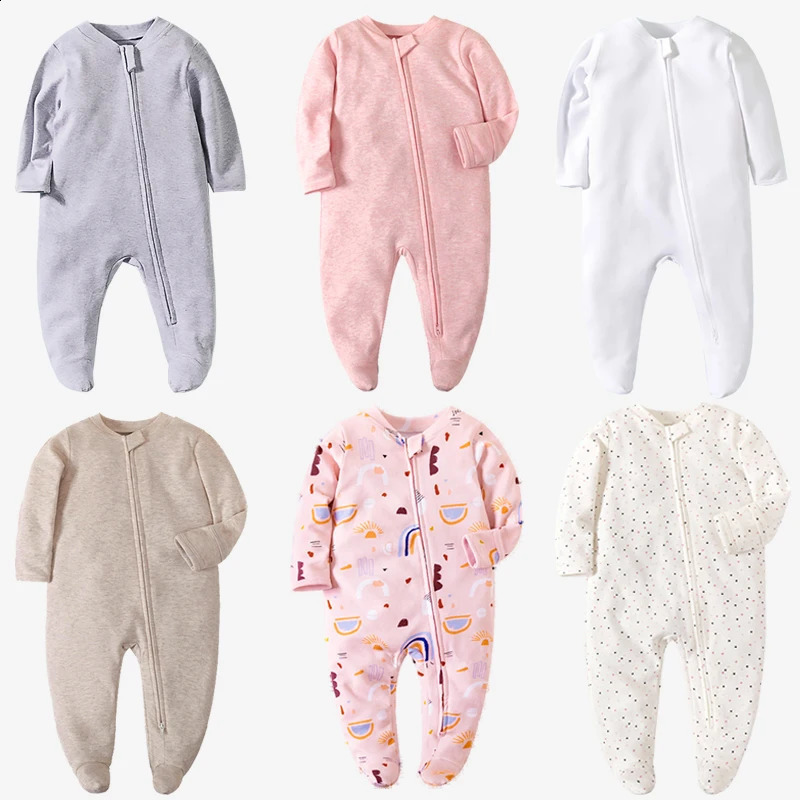 Boys Girls Jumpsuit Zipper Footed Solid LongSleeve Pajamas Sleepsuits Organic Cotton Baby Rompers Waffle 100% Infant 250117