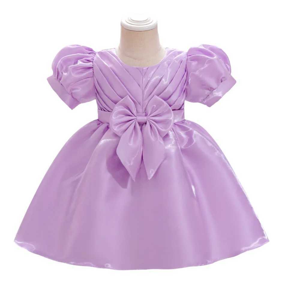 Fold Bow Baby Girls Party Dress Puff Sleeve Purple 1st Birthday Wedding Princess Dresses for Kids Baptism Bridemaid Prom Costume X250203