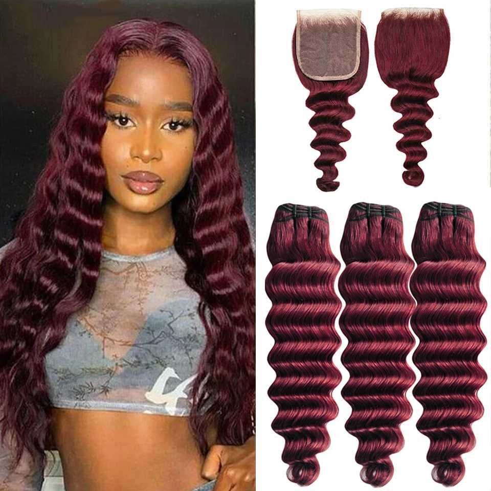 Burgundy Bundles with Clo 99j Loose Deep wave Human Hair with 4x4 lace clo Free Part Virgin Raw Hair ExtensionsXJ250120