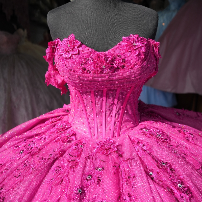 Rose Red Shiny Quinceanera Dresses Ball Gown Off Shoulder Appliques Lace Beading Tull Corset Birthday Party Sweet 16 Dress Vestidos 15 De Anos