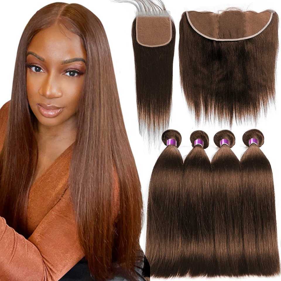 #4Chocolate Dark Brown Bone Straight Human Hair Weave Bundle Deal with Clo Forntal HD Lace Ombre Colored Bundle With CloXJ250120