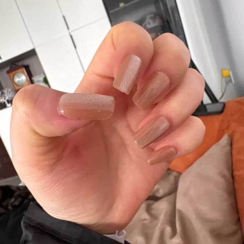 24Pcs Short Cat Eye Fake Nails Trendy Adhesive Glossy Champagne Press on Nails Durable Acrylic Nails Tips Set for Women GirlsW250120