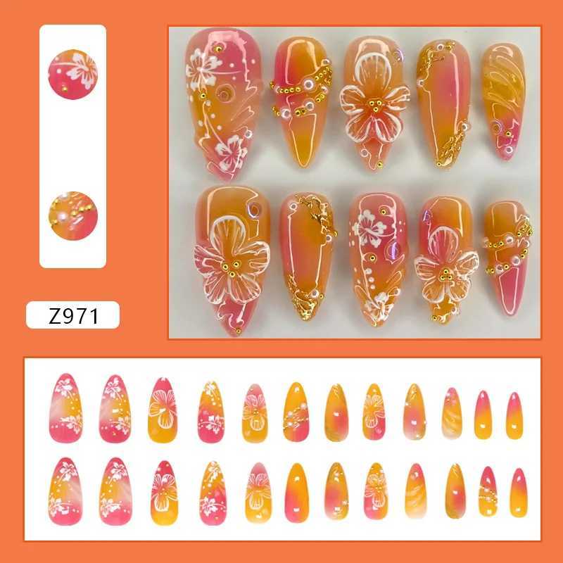 24pcs White Fake Nail Tips Ins Yellow Pink B False Nails Wearable Full Cover European Almond Shaped Press on NailsW250120