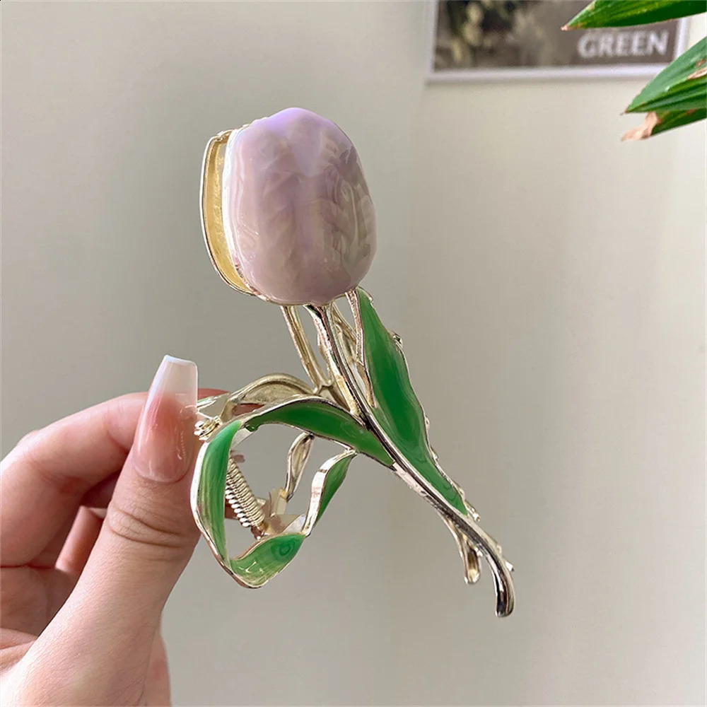 Vintage Tulip Flower Hair Claw Clips Women Alloy Makeup Hair Styling Clamp Barrettes Girls Ponytail Shark Hair Claw Barrette 250120