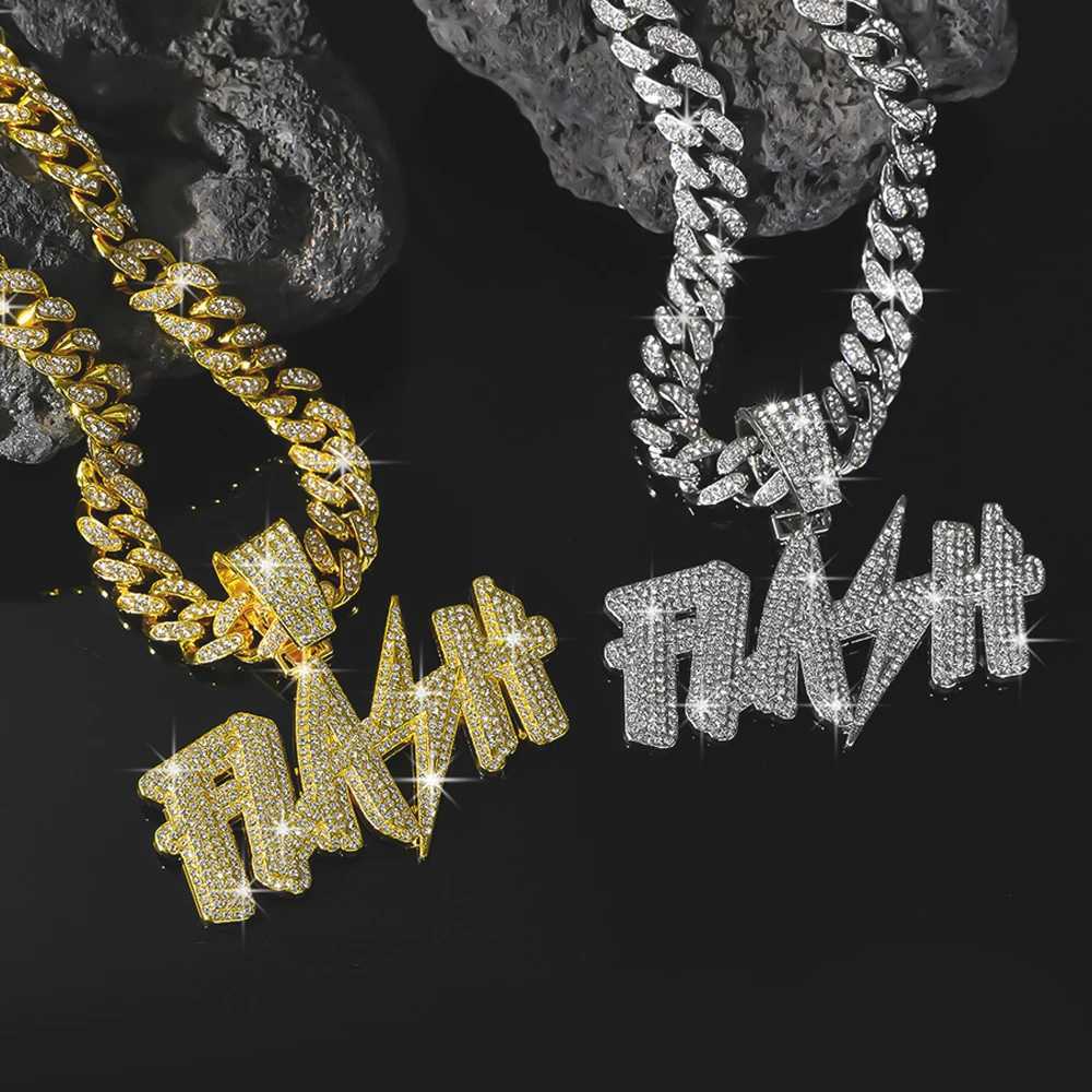 New Hip Hop Flash Lightning Large Letter Pendant Necklace With 13mm Cuban Chain Letters Necklaces For Mens Women Rapper JewelryXJ250121