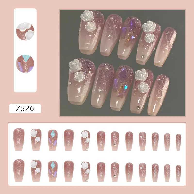 White Camellia 24 Pcs Press on Nails Pink Gradient Fake Nails Glossy Artificial Finger Manicure Reusable False NailsW250120