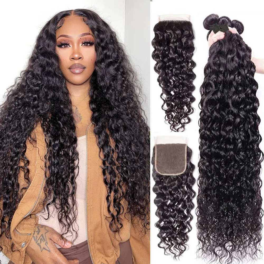 30 Inch Water Wave Bundles with HD Lace Clo Brazilian Raw Human Hair Bundles with Clo Wet And Wavy Bundles with CloXJ250120