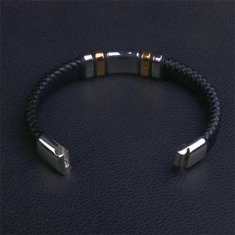 Classic Black High Quality Hand Braided Leather Stainless Steel Magnetic Buckle Bracelet Mens Charm Fashion Casual Jewelry Gift W250121