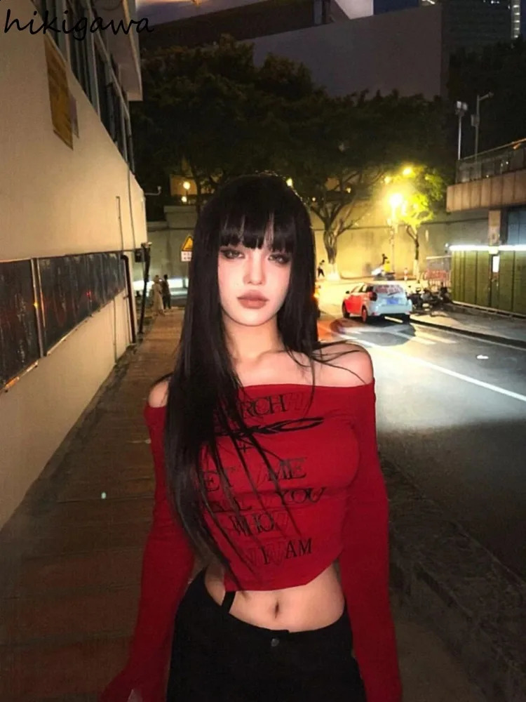 Red Sexy T Shirts Women Clothing Long Sleeve Slash Neck Tees Y2k Tops Letter Crop Tshirt Bandage Tunic T-shirts Ropa Mujer 250122