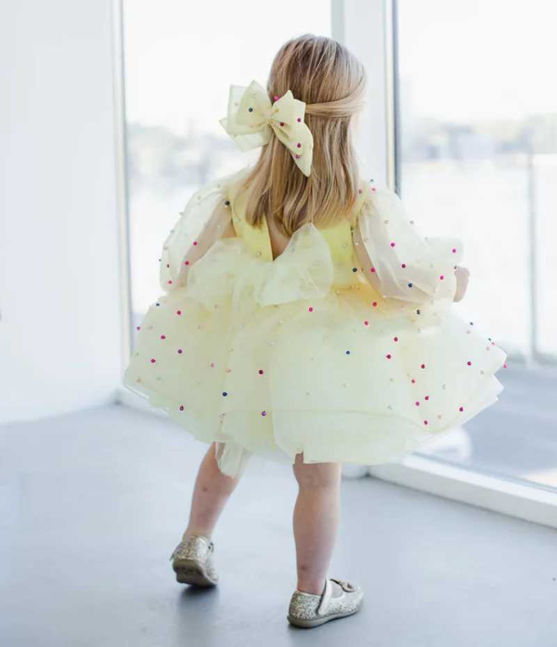 New Tailored Flower Girl Dress Puffy Sleeves with Big Bow Tiered Baby Girl Dress Toddler Tutu Outfit Christening Dress X250203