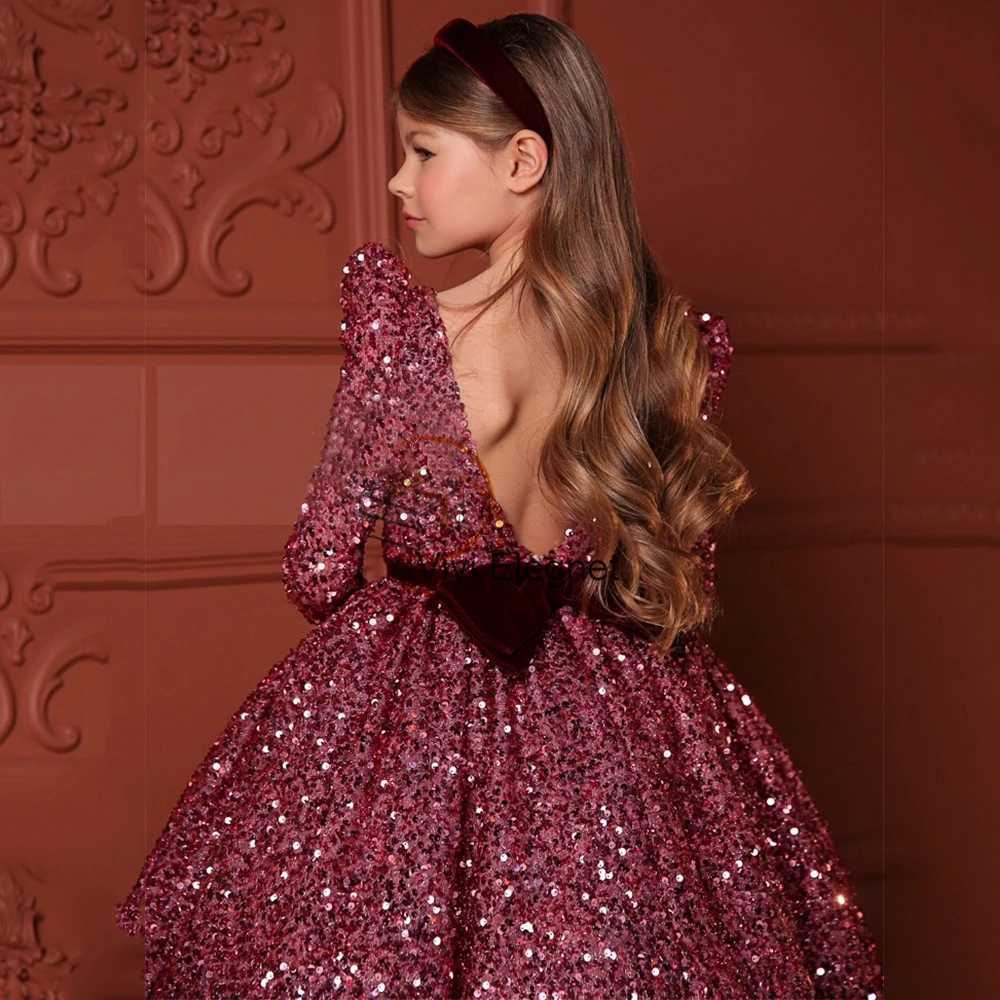 Sparking Full Sleeve Sequined Flower Girl Dresses with Bow A Line Communion Dresses Girls Winter Christmas Gown Christening 2022 X250203
