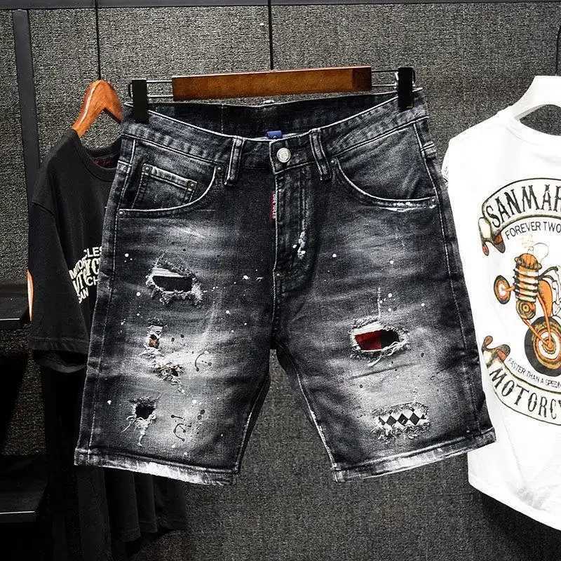 Luxury Brand Designer Clothes Mens Casual Denim Kn-Length Shorts Summer 2024 Fashion Black Patches Paint Jeans Shorts Men X2502031