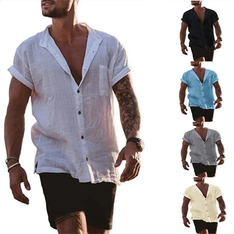 Mens Short Sleeve Shirts Cotton Linen Blouses For Men Loose Business Normal Social Top Formal Dress Shirt Clothing 250122