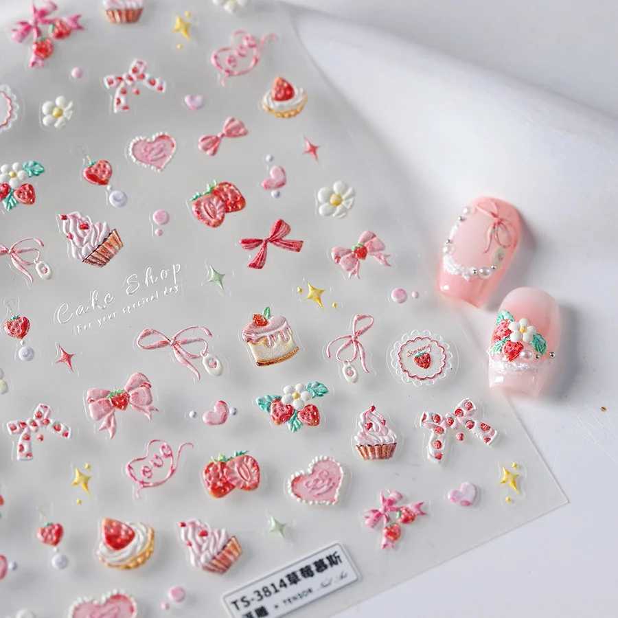 Bowknot 5D Embossed Reliefs Self Adhesive Nail Art Stickers Cute Manicure Decals Lovely Strawberry Muffin Cream Cake Ice CreamXJ250120