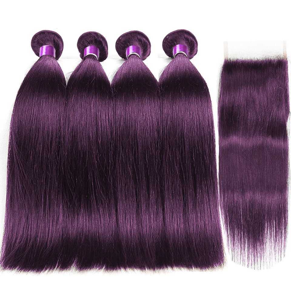 Colored Dark Purple Straight Human Hair Bundles With Clo Lace Clos With Bundles Virgin Hair Weave Bundles With CloXJ250120