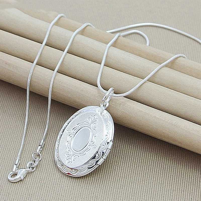 40-75cm 925 Sterling Silver Oval heart Round Photo open Frame Pendant Necklace Snake Chain For Woman Man Wedding JewelryXJ250114