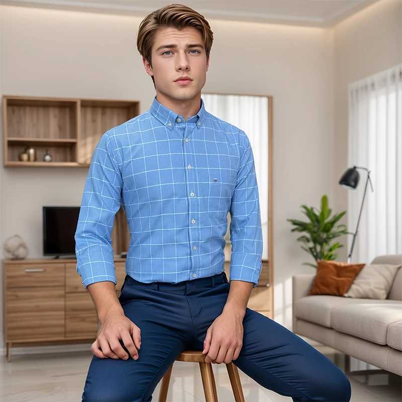 New 100% Cotton Men Oxford Shirts Long Sleeve Casual Plaid Soft Regular Fit Formal Dress Shirt Social Blouse Male Clothes S-7XLXJ250121