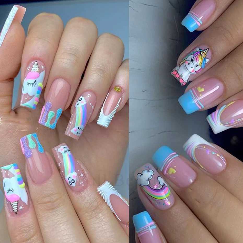 12 Designs Pink Unicorn Water Transfer Slider Rainbow Horse Ice Cream Heart Cartoon Anime Nail Sticker Polishing Nail DecorationXJ250120