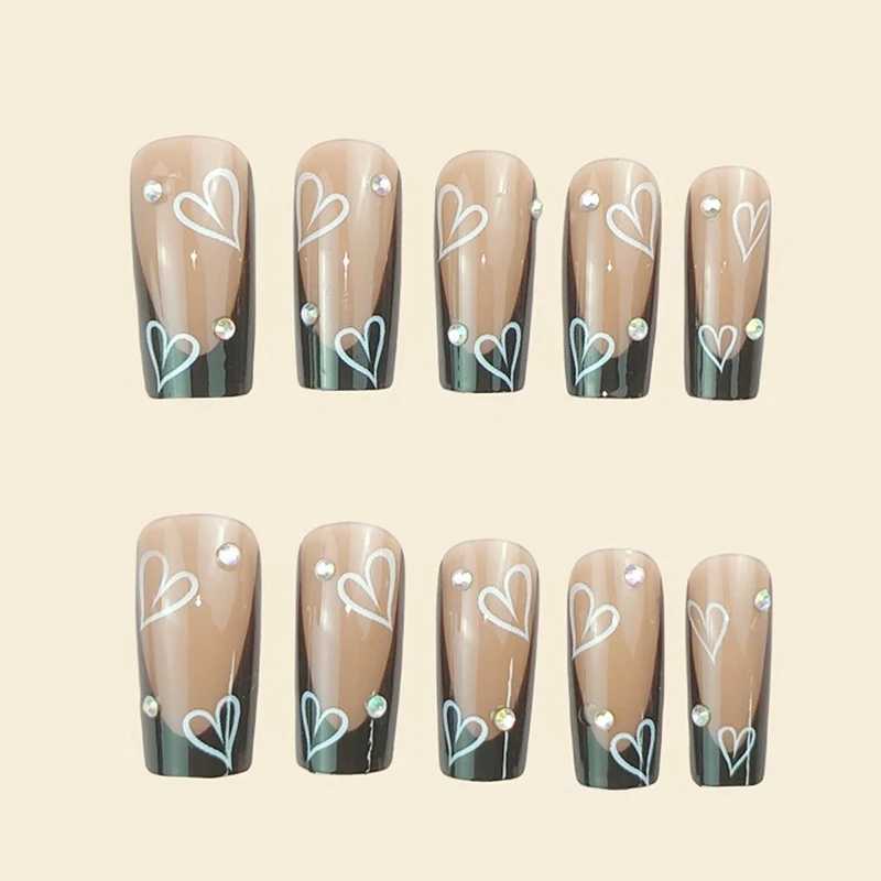 Frosted Brown Wearable Nail Art Medium To Long Style Square French Style Nail Piece Broken Diamond Nail Art False Nails WomenW250120