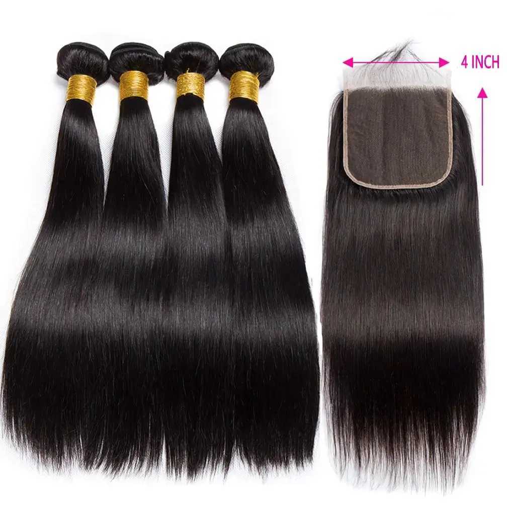 Brazilian Virgin Straight Hair Bundles With Clo 10A Straight Human Hair 3/4 Bundles with 4x4 Clo Natural Black WholesaleXJ250120