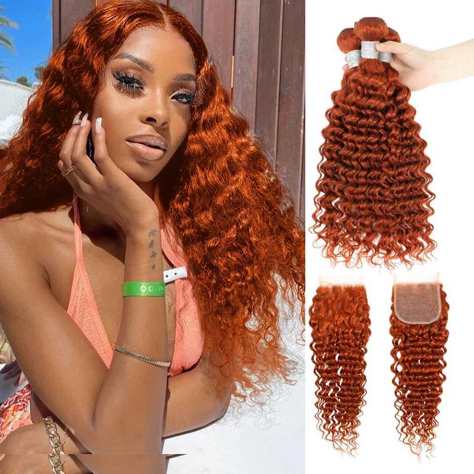 Ginger Orange #350 Deep Wave Human Hair Bundles With Clo Brazilian Virgin Human Hair Weave Curly 4x4 13x4 Front HD CloXJ250120