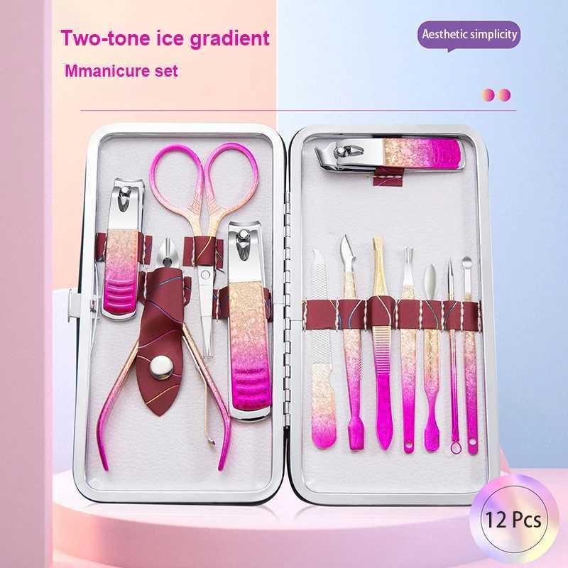 6-12PCS Ice gradient high quality steel Nail Clipper Cuticle Pusher Earpick Manicure Tools Pedicure Suit in PU CaseXJ250121