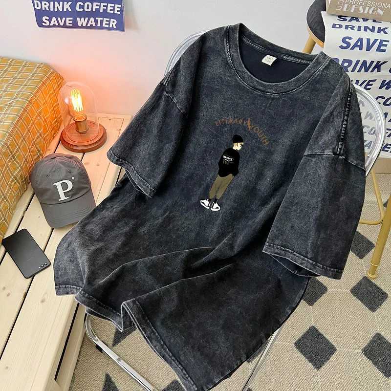 American Wash Mens Short-sleeved T-shirt Summer Vintage To Do Old Couple Jacket Ins Hip Hop Half-sleeved T-shirt X250203