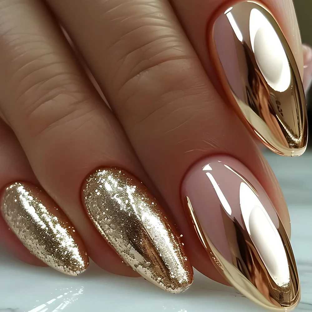 24pcs 3D Silver On Almond False Nails Press on Solid Color Fake Nails Art Round Head Wearable Manicure Set Finished DatachableW250120