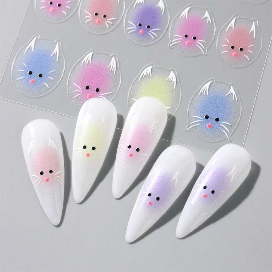 Cute White Cat Nail Stickers Decals 5D Kitten Ink Blooming Flowers Nail Art Decoration Kawaii Cartoon Decals Summer ManicureXJ250120