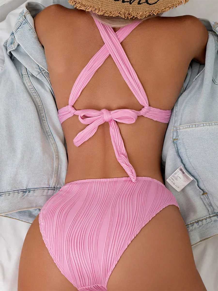 2025 Wrinkled Crinkled Bikini Women Swimwear Fe Swimsuit Two-pieces Bikini Set High Cut Bathing Suit Swim Beach Wear LadyXJ250120
