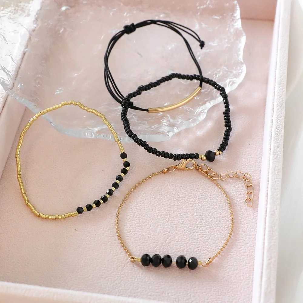 4Pcs/Set Fashion Black Glass Stone Bracelet Suitable for Womens Bohe Handmade Jewelry Accessories W250121