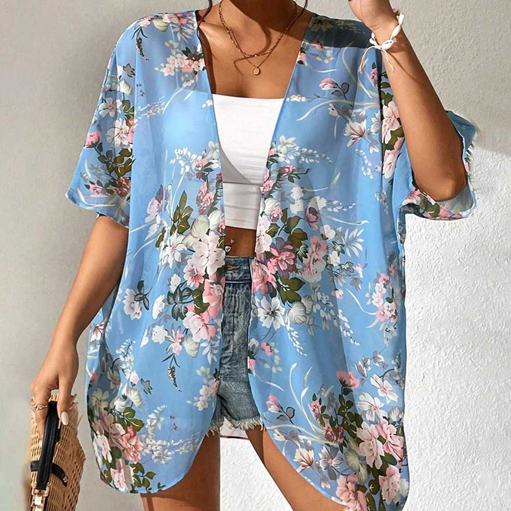 2024 Beach Wear covered luxury womens social shirt fashion top 3D printed batwing sleeve chiffon kimono swimsuit for women W250120