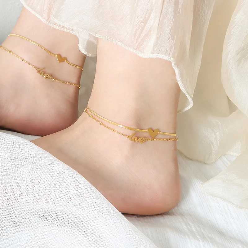 18K Gold Plated Stainl Steel Heart Words Charms Layered Flat Snake Chain Anklets for Women Waterproof Foot JewelryXJ250121