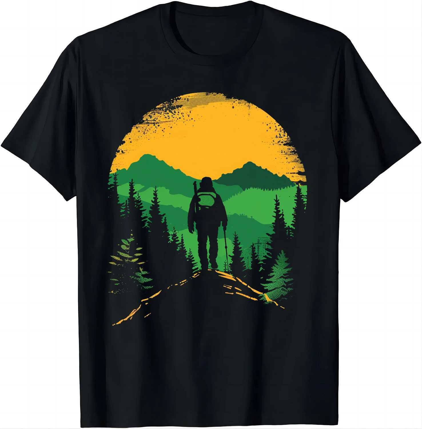 Retro style Hiker T-shirt with mountain print graphic T-shirt mens clothing top Camisas Streetwear Ropa Hombre X250203