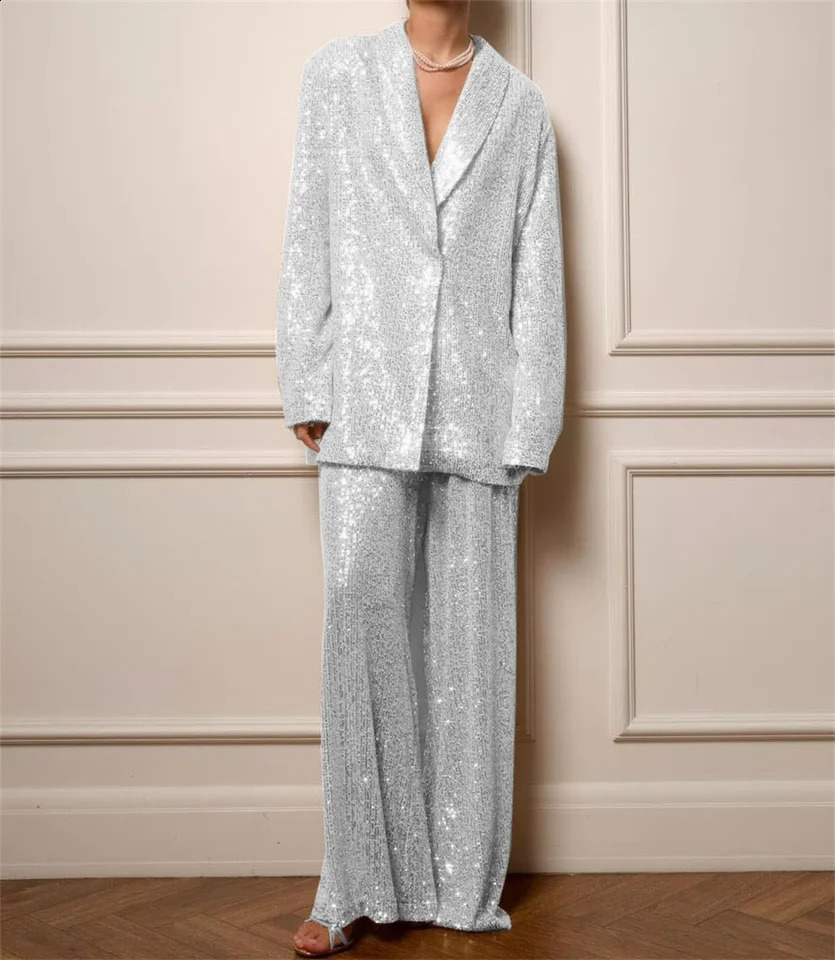Fashion Sequines Jacket Pants Suit Loose One Button Long Sleeve Coat Wide Leg Pant Autumn Slim Lady Commuting Sets 250114Z