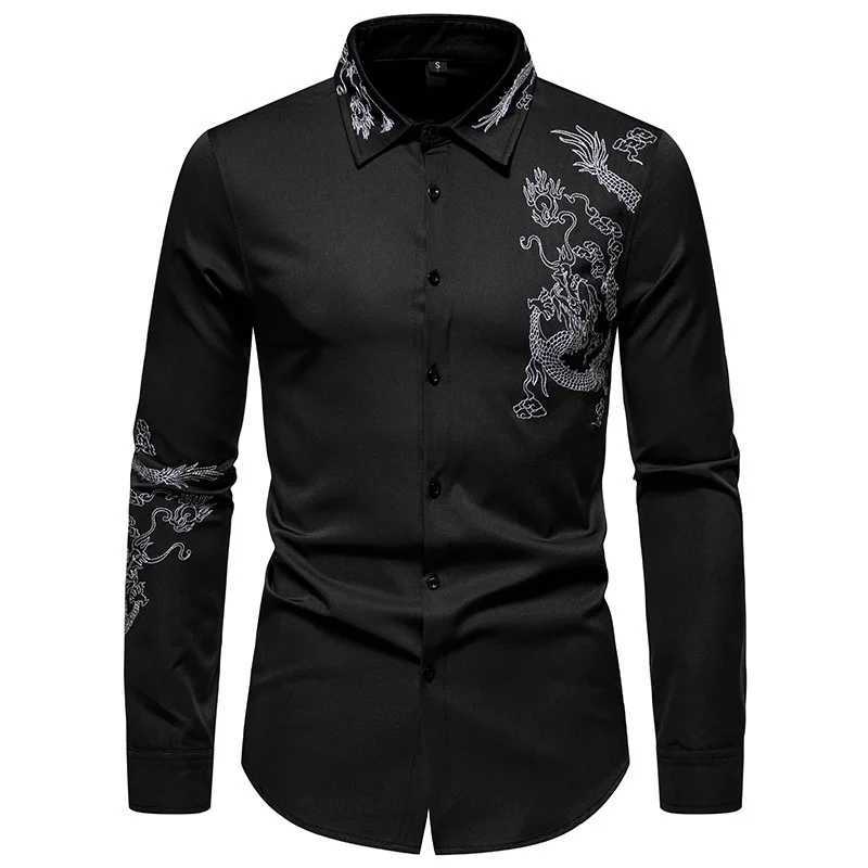 Dragon Embroidered Long Sleeve Shirt Autumn and Winter Single Breasted Slim Fit Button Retro Social Dress Shirt Street WearXJ250121