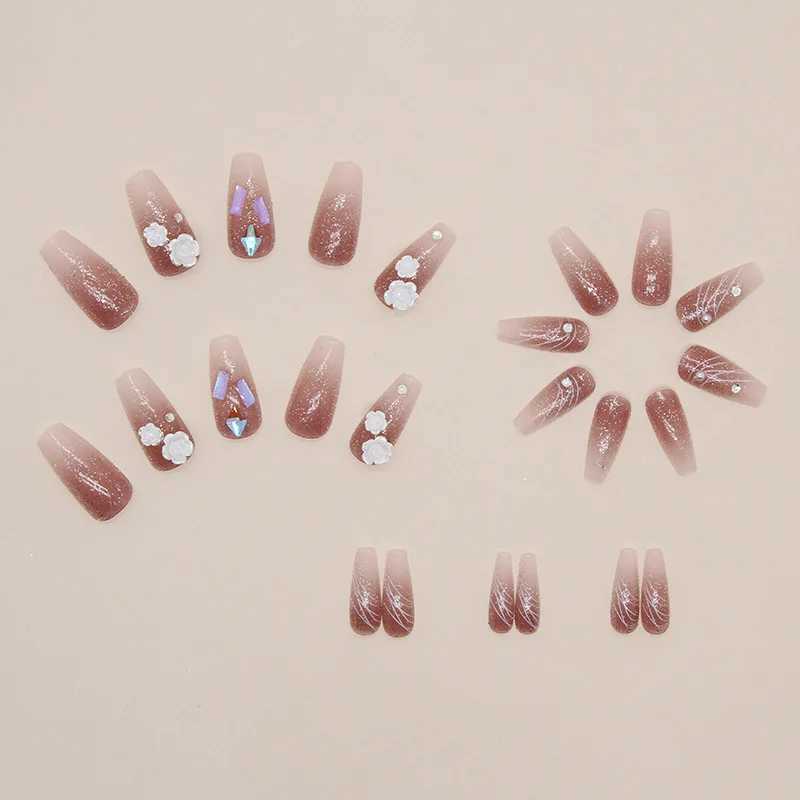 White Camellia 24 Pcs Press on Nails Pink Gradient Fake Nails Glossy Artificial Finger Manicure Reusable False NailsW250120