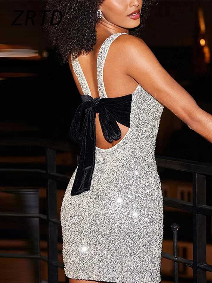 Sexy Sequins Bow Backless Short Dress Women Slim Lace Up O-neck Sveless Fe Party Dresses 2024 Lady Shiny Evening RobesXJ250115