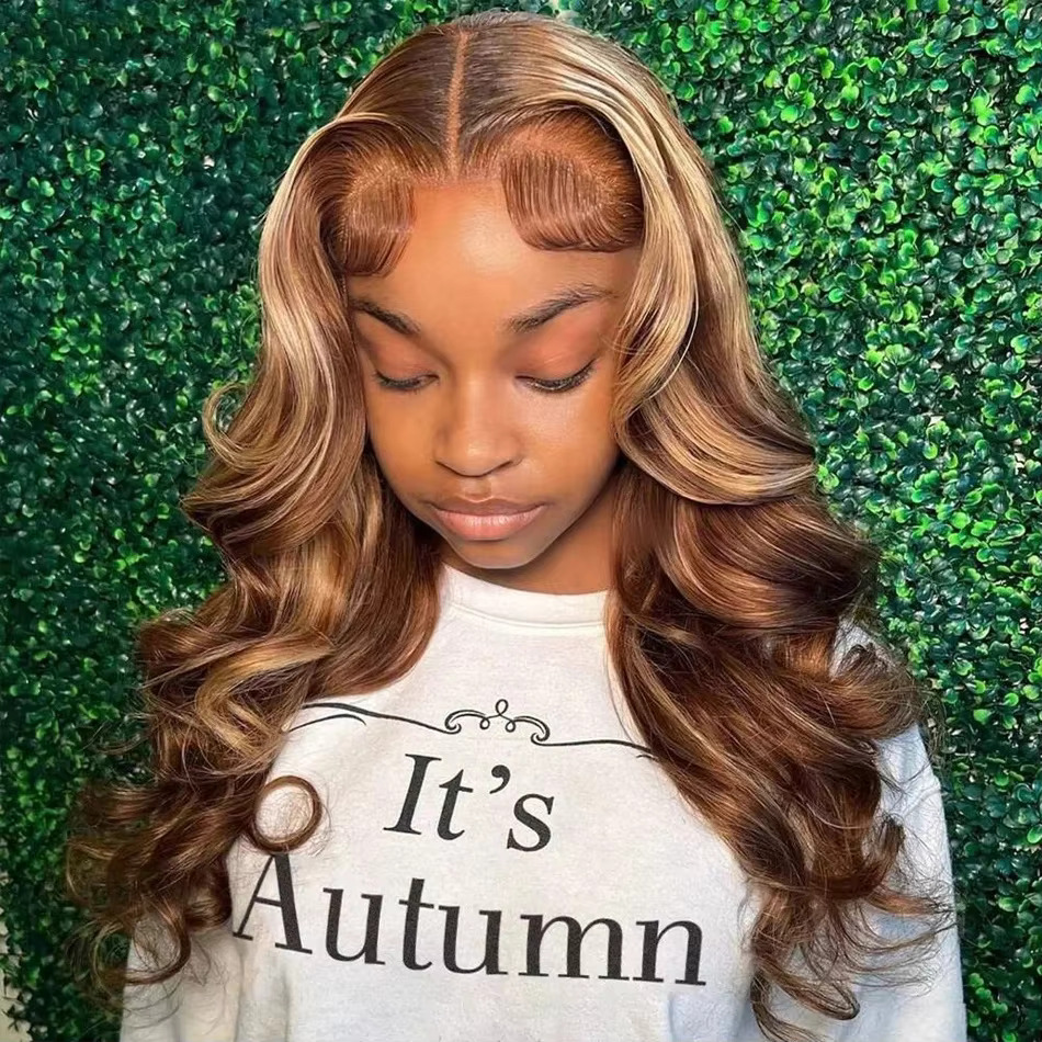 Highlight Body Wave 13X6 Frontal For Women 4/27 Brown Colored 13X4 Transparent Lace Front Human Hair Wig Pre Plucked